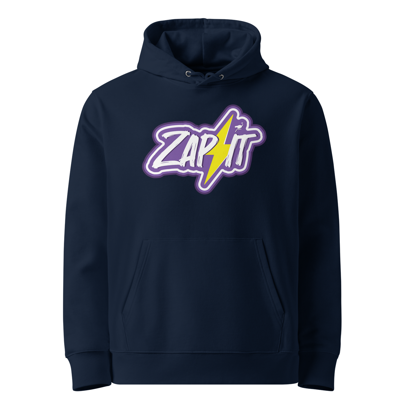 French Navy organic cotton Nostr hoodie with the Zap It design, front view