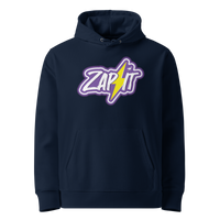 French Navy organic cotton Nostr hoodie with the Zap It design, front view
