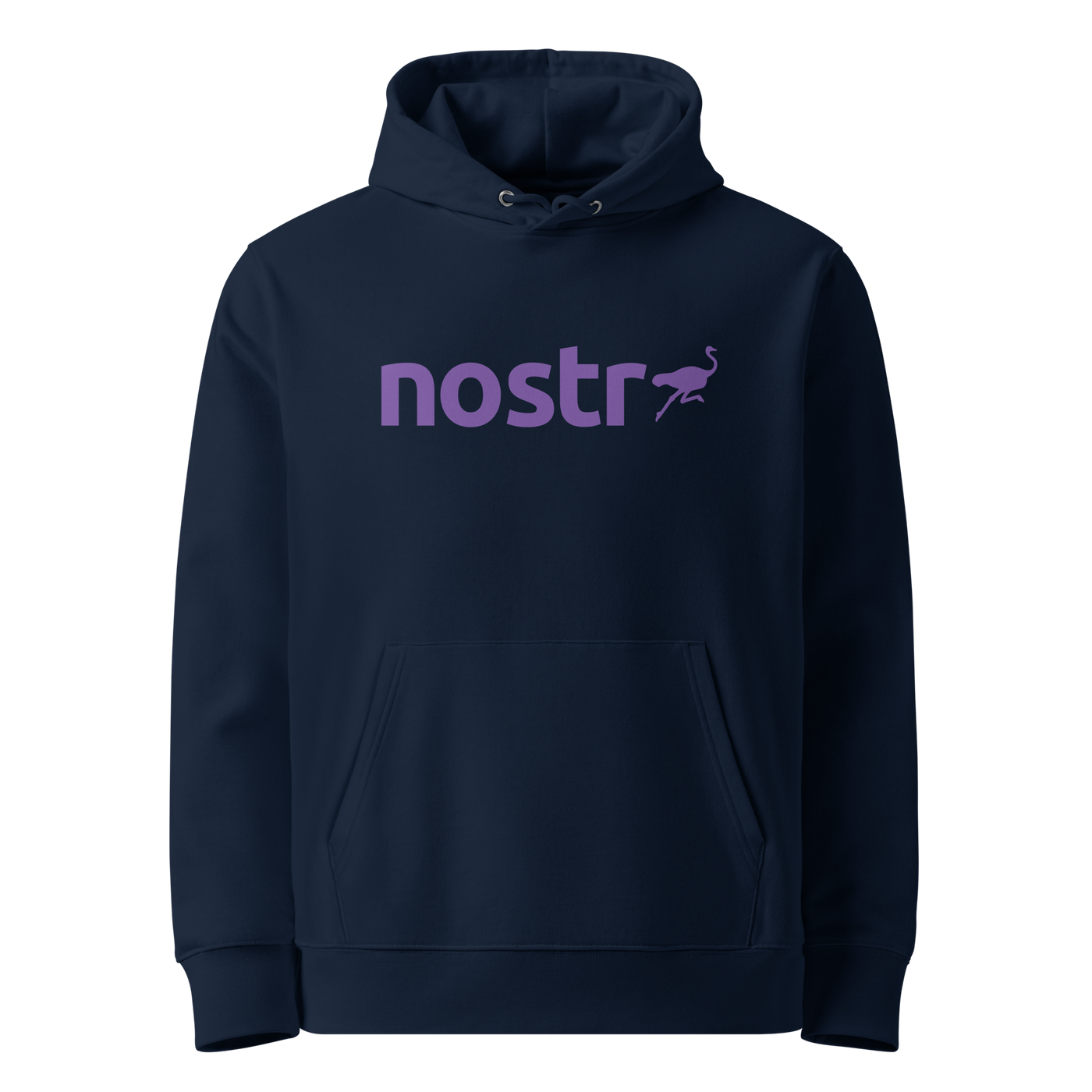 French Navy organic cotton Nostr hoodie with the Nostr design, front view