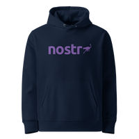 French Navy organic cotton Nostr hoodie with the Nostr design, front view