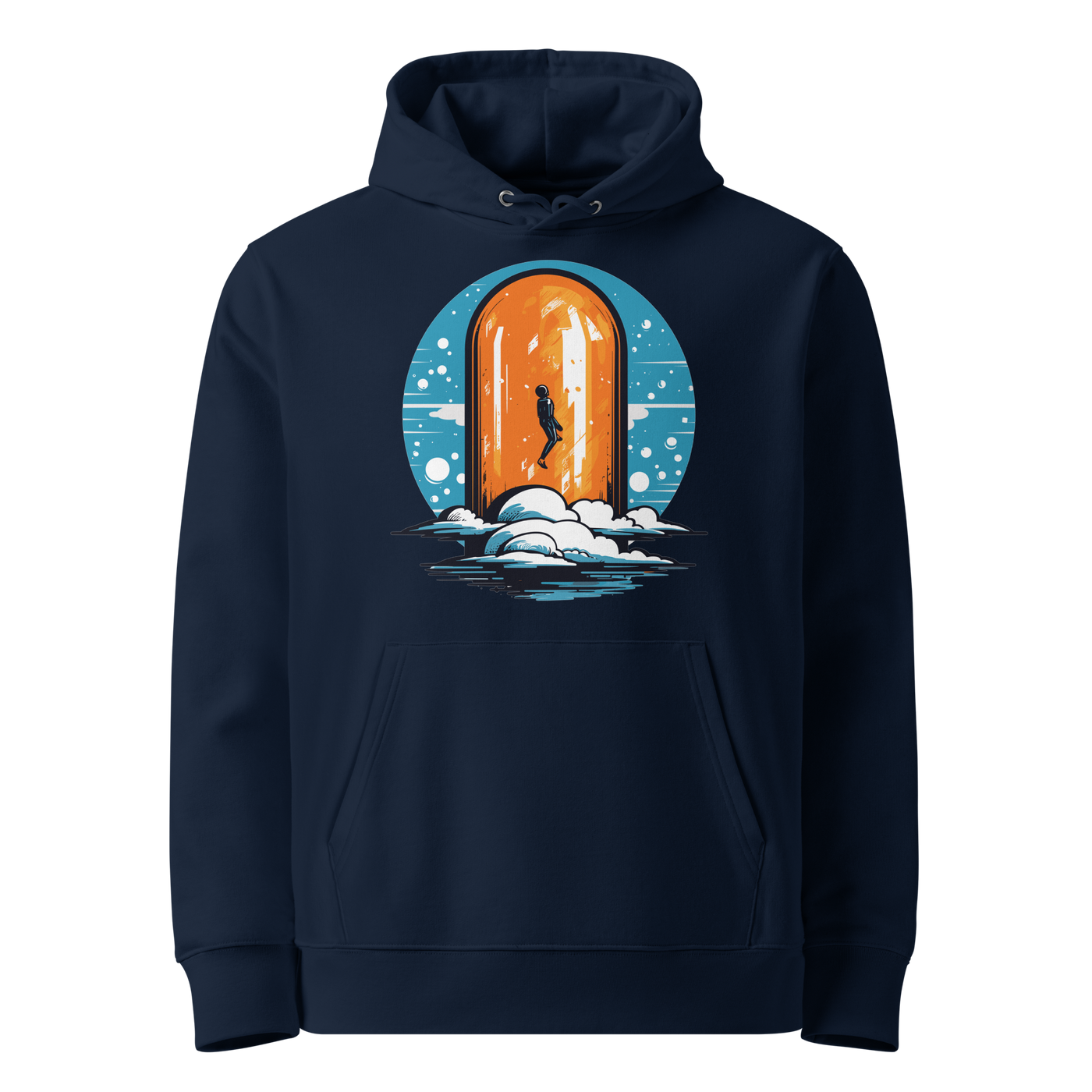 French Navy organic cotton Bitcoin hoodie with the Orange Pill design, front view