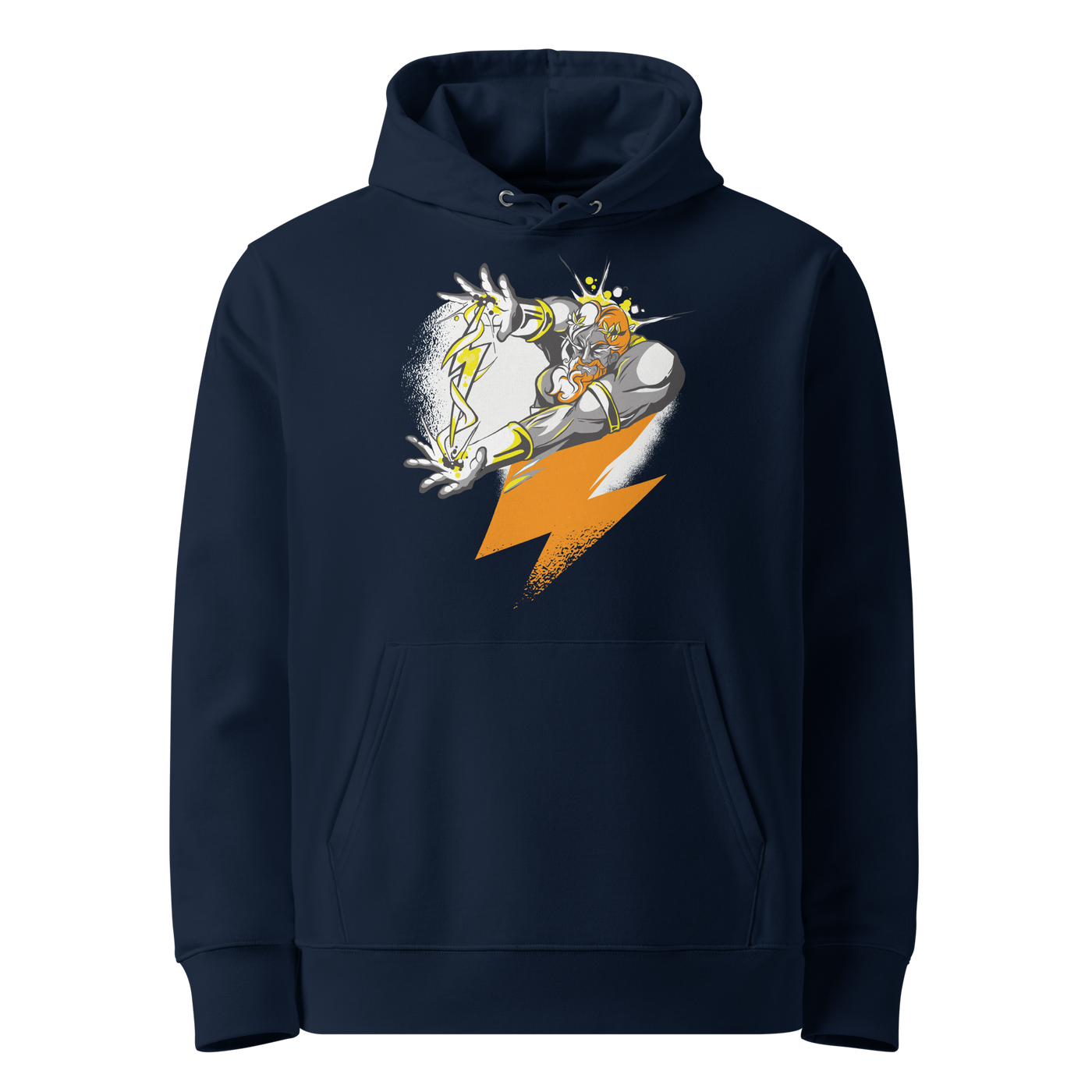 French Navy organic cotton Bitcoin hoodie with the Zeus design, front view