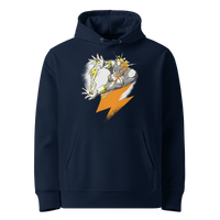 French Navy organic cotton Bitcoin hoodie with the Zeus design, front view