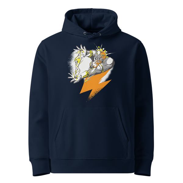 French Navy organic cotton Bitcoin hoodie with the Zeus design, front view