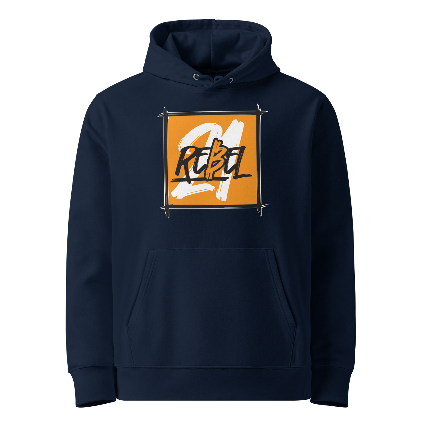 French Navy organic cotton Bitcoin hoodie with the 21 Rebel design, front view