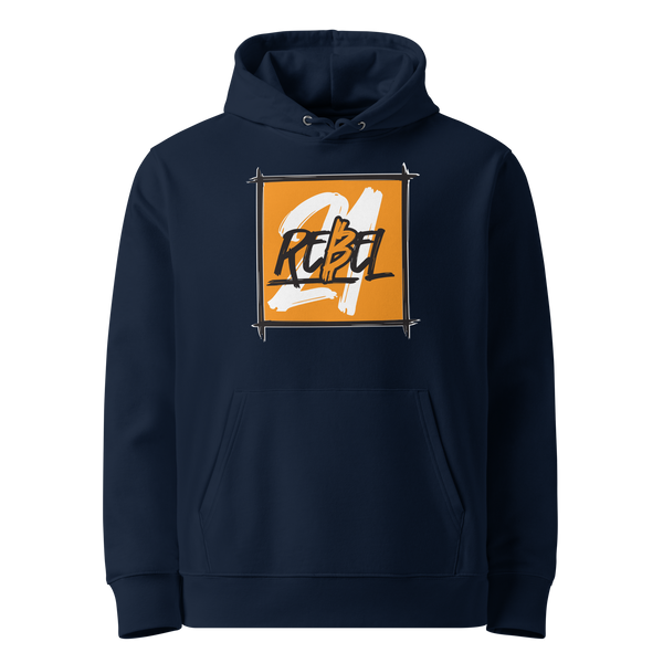 French Navy organic cotton Bitcoin hoodie with the 21 Rebel design, front view