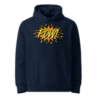 POW! eco bitcoin hoodie in French Navy, front view: a comic style orange burst with POW! in yellow lettering and small lightning bolts.
