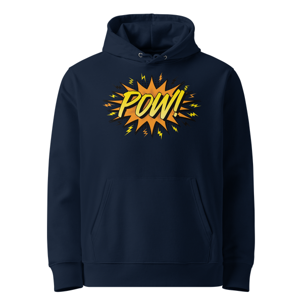 POW! eco bitcoin hoodie in French Navy, front view: a comic style orange burst with POW! in yellow lettering and small lightning bolts.