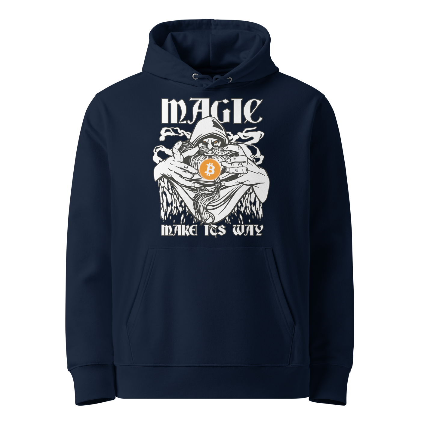 Magic make its Way eco bitcoin hoodie in French Navy, front view: a hooded figure holding an orange bitcoin coin under the words Magic make its Way in gothic lettering.