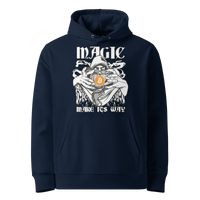Magic make its Way eco bitcoin hoodie in French Navy, front view: a hooded figure holding an orange bitcoin coin under the words Magic make its Way in gothic lettering.