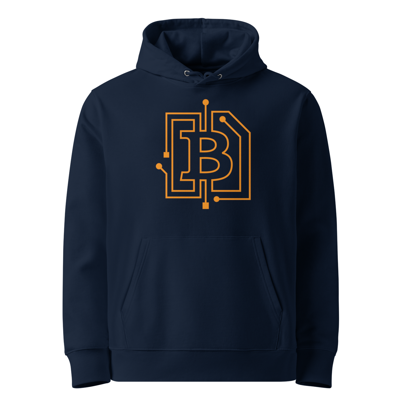 Circuit Board eco bitcoin hoodie in French Navy, front view: an orange bitcoin B drawn as circuit board traces.