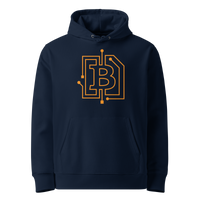 Circuit Board eco bitcoin hoodie in French Navy, front view: an orange bitcoin B drawn as circuit board traces.