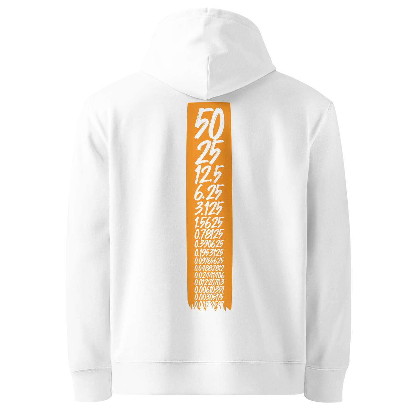 White organic cotton Bitcoin hoodie with the Halving design, back view