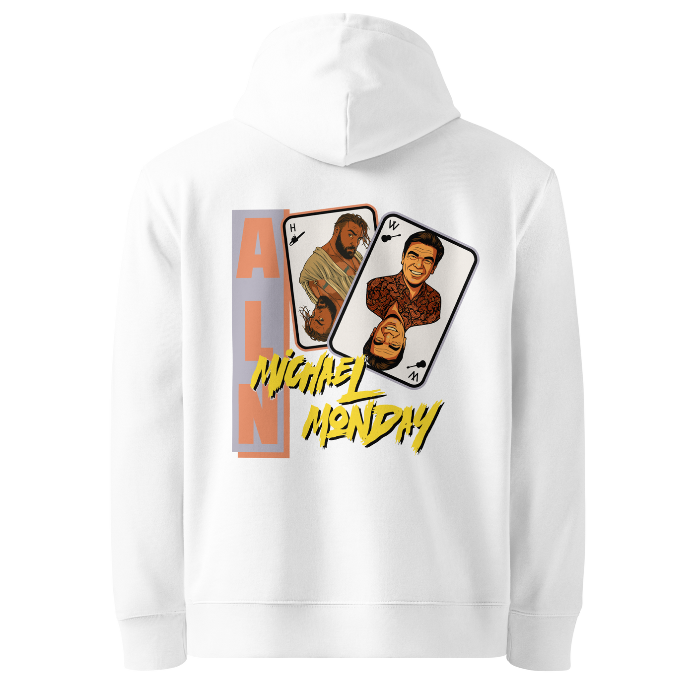 White organic cotton Anarcho Late Night hoodie with the Michael Monday design, back view