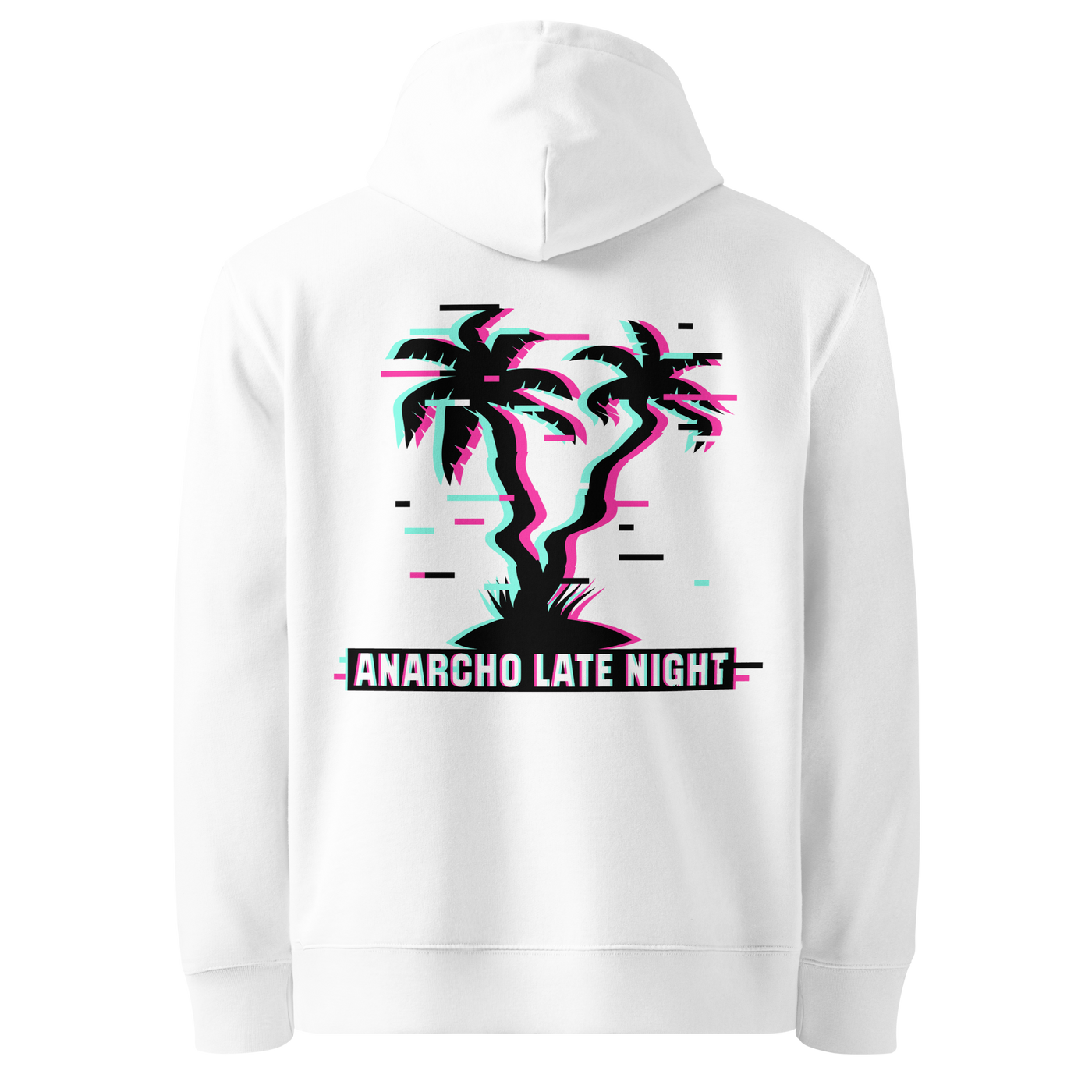 White organic cotton Anarcho Late Night hoodie with the Betrüger design, back view