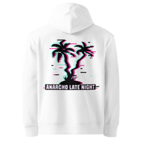 White organic cotton Anarcho Late Night hoodie with the Betrüger design, back view