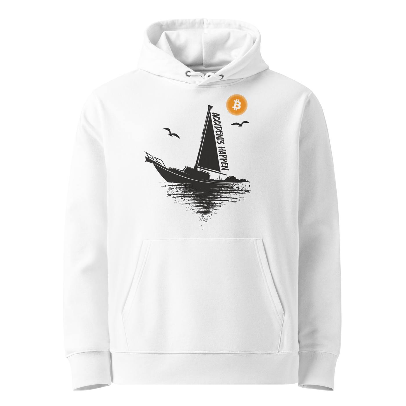 White organic cotton Bitcoin hoodie with the Accidents Happen design, front view