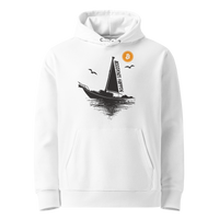White organic cotton Bitcoin hoodie with the Accidents Happen design, front view