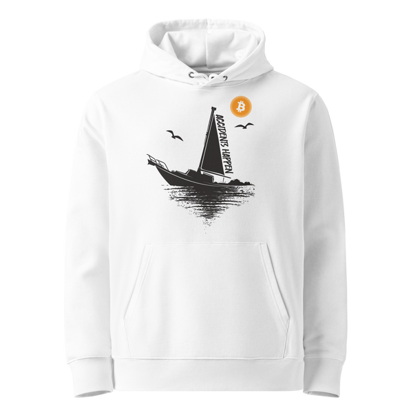 White organic cotton Bitcoin hoodie with the Accidents Happen design, front view