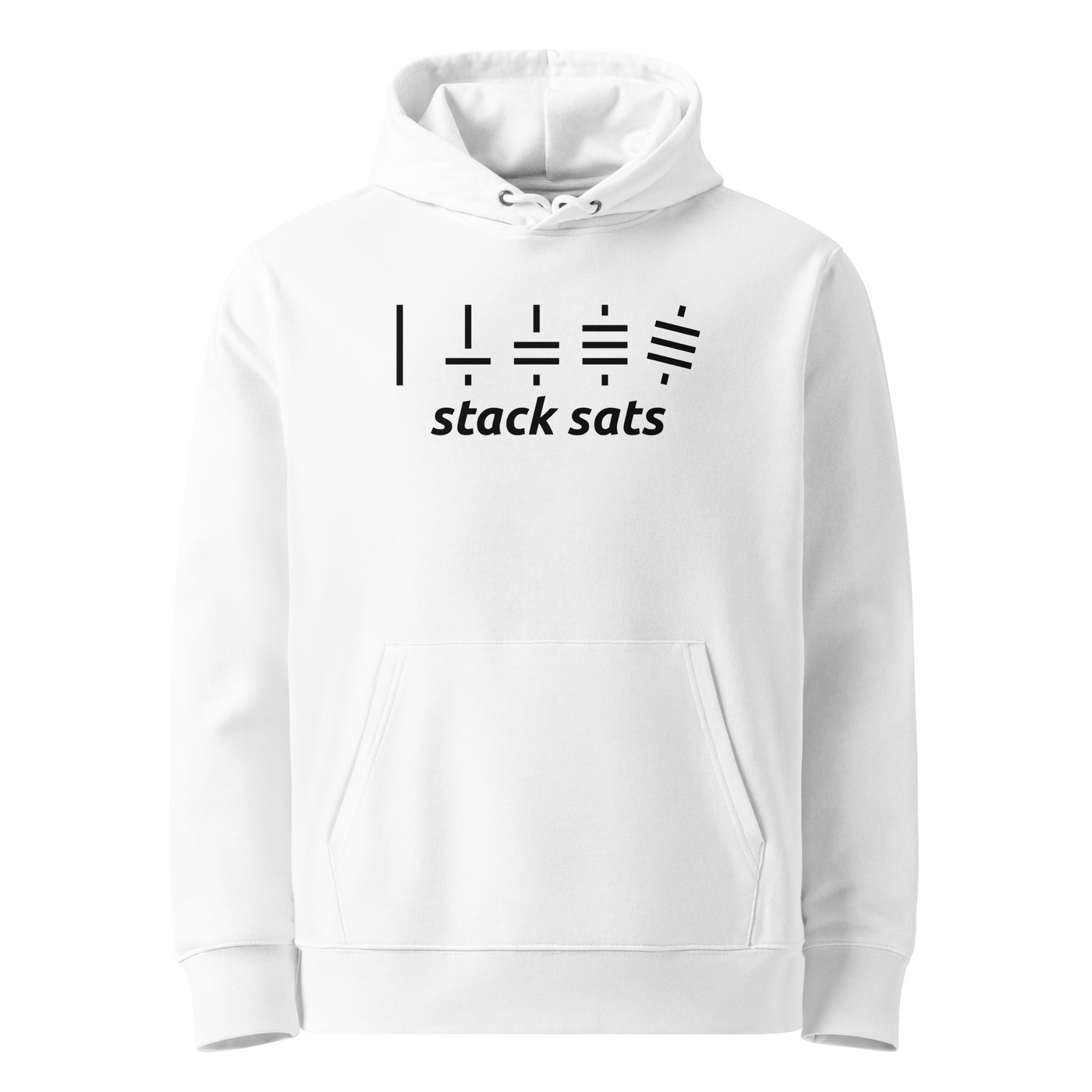 White organic cotton Bitcoin hoodie with the Stack Sats design, front view