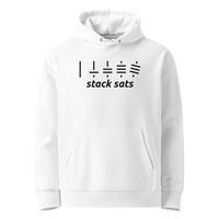 White organic cotton Bitcoin hoodie with the Stack Sats design, front view