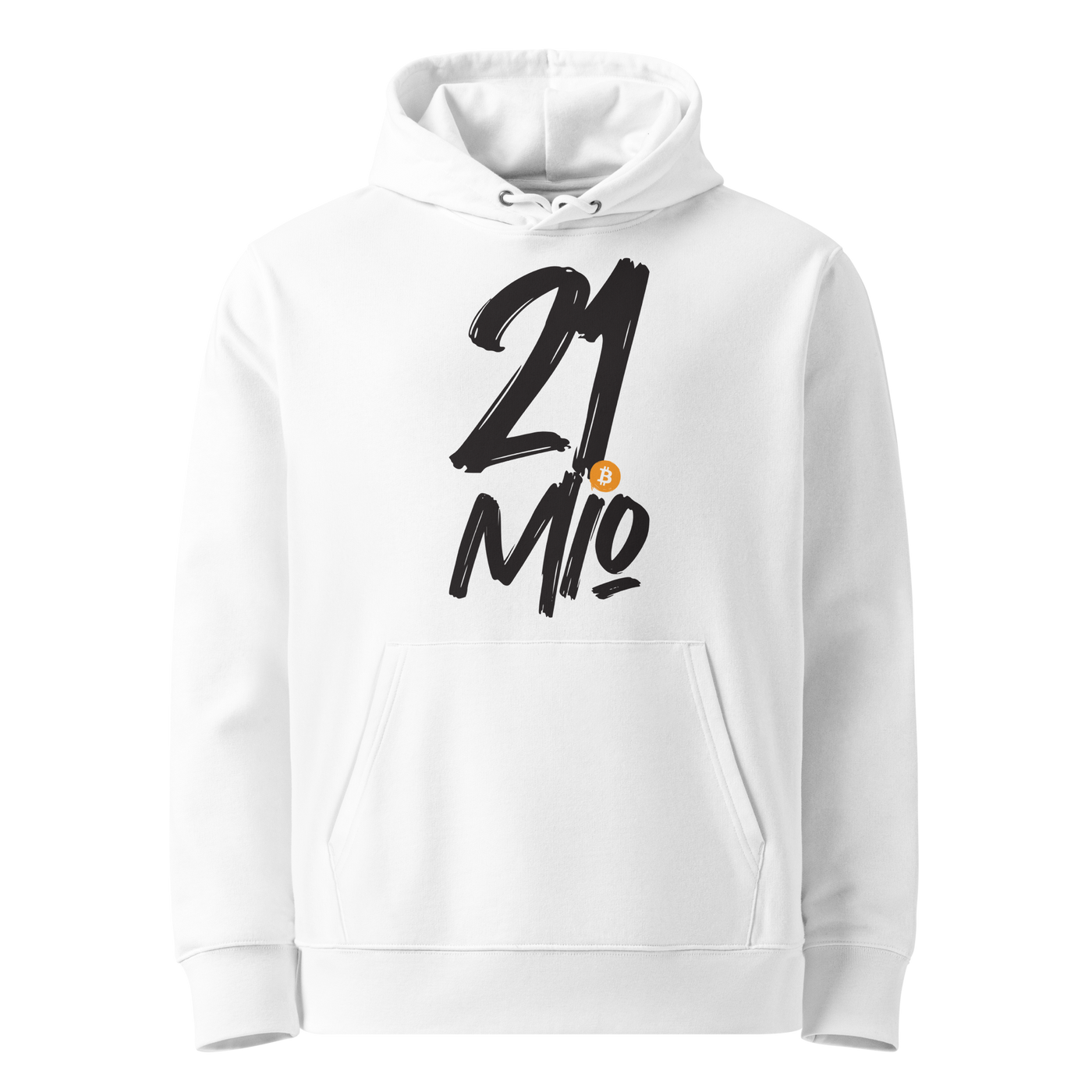 White organic cotton Bitcoin hoodie with the 21 Million design, front view