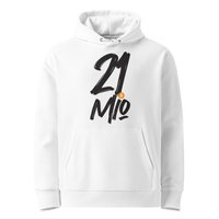 White organic cotton Bitcoin hoodie with the 21 Million design, front view