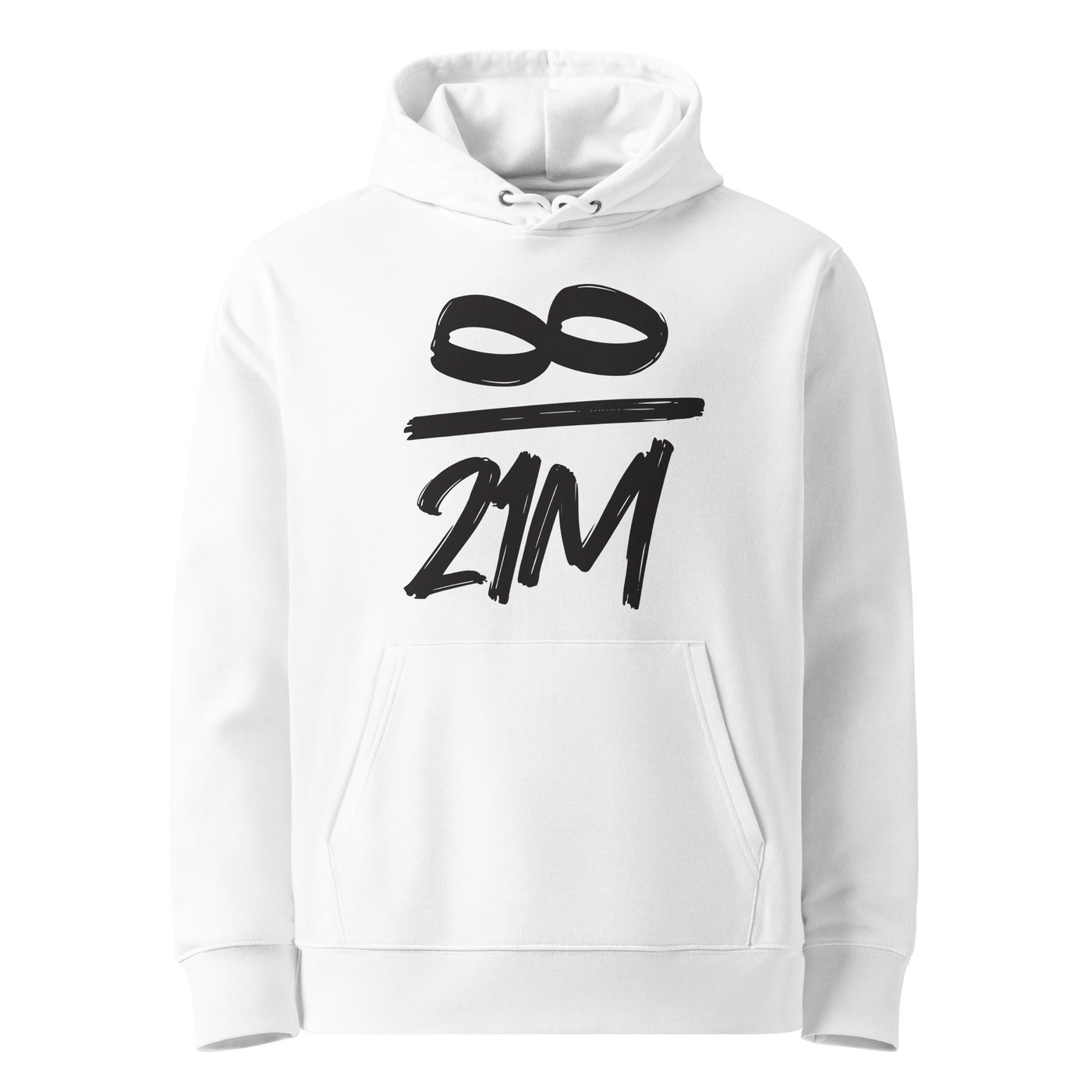 White organic cotton Bitcoin hoodie with the Infinity design, front view