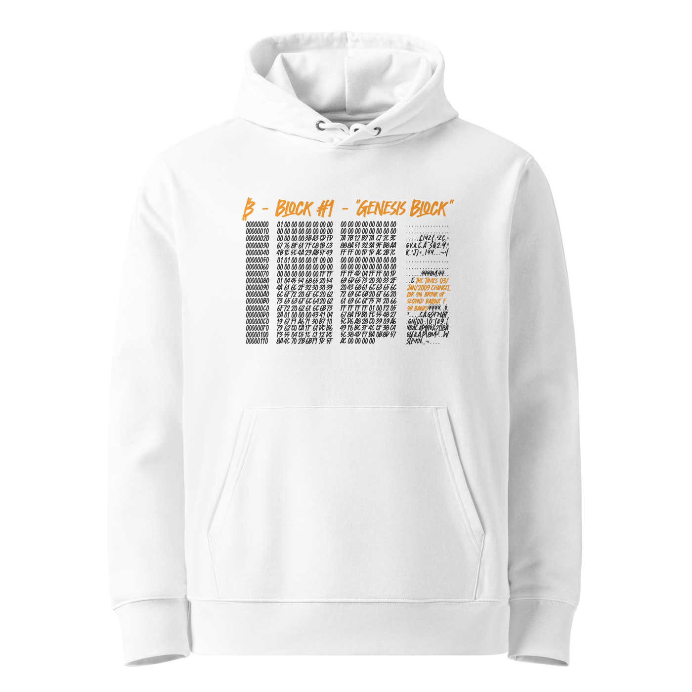 White organic cotton Bitcoin hoodie with the Genesis Block design, front view