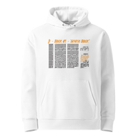 White organic cotton Bitcoin hoodie with the Genesis Block design, front view