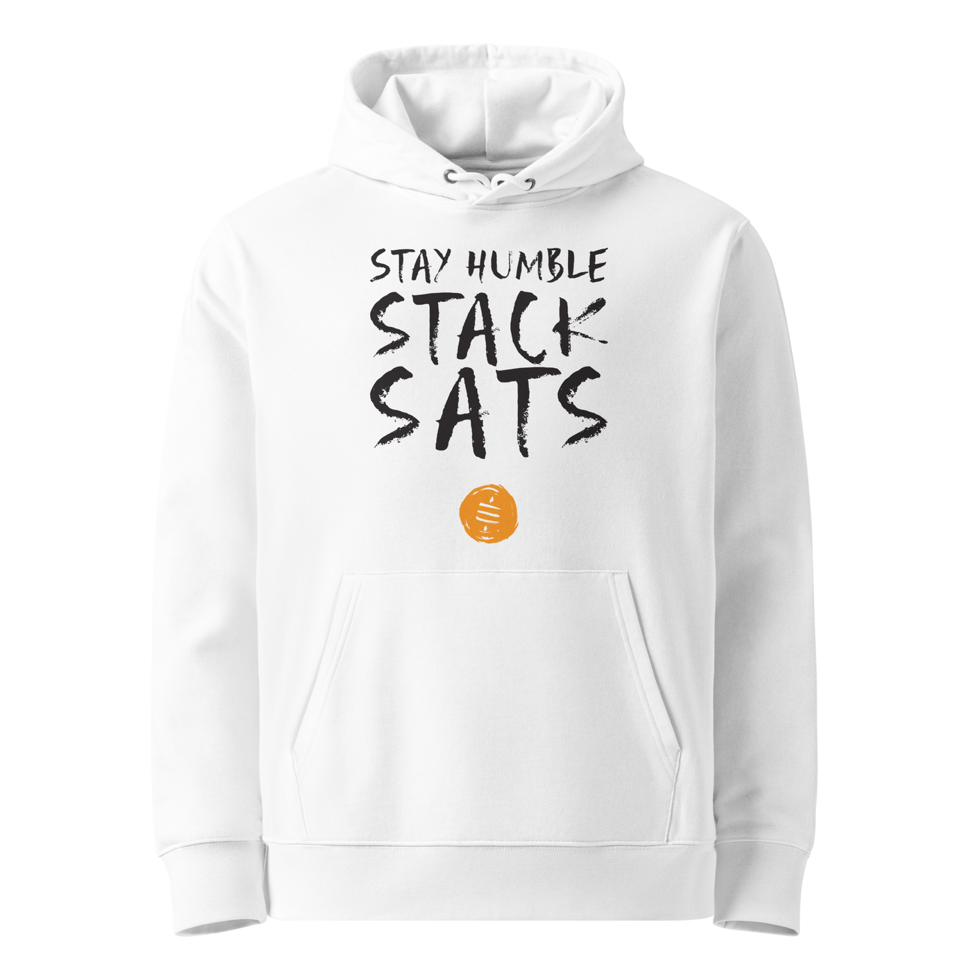 White organic cotton Bitcoin hoodie with the Stay Humble Stack Sats design, front view