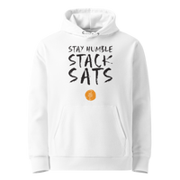 White organic cotton Bitcoin hoodie with the Stay Humble Stack Sats design, front view