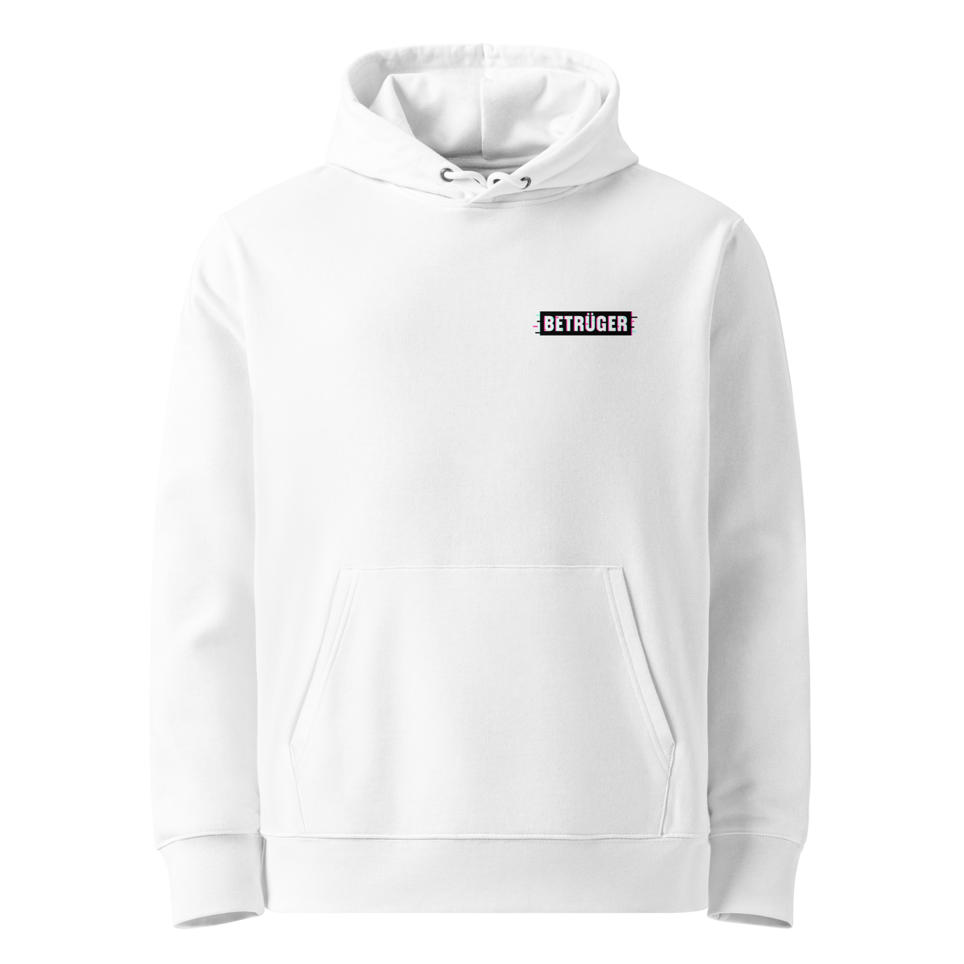 White organic cotton Anarcho Late Night hoodie with the Betrüger design, front view