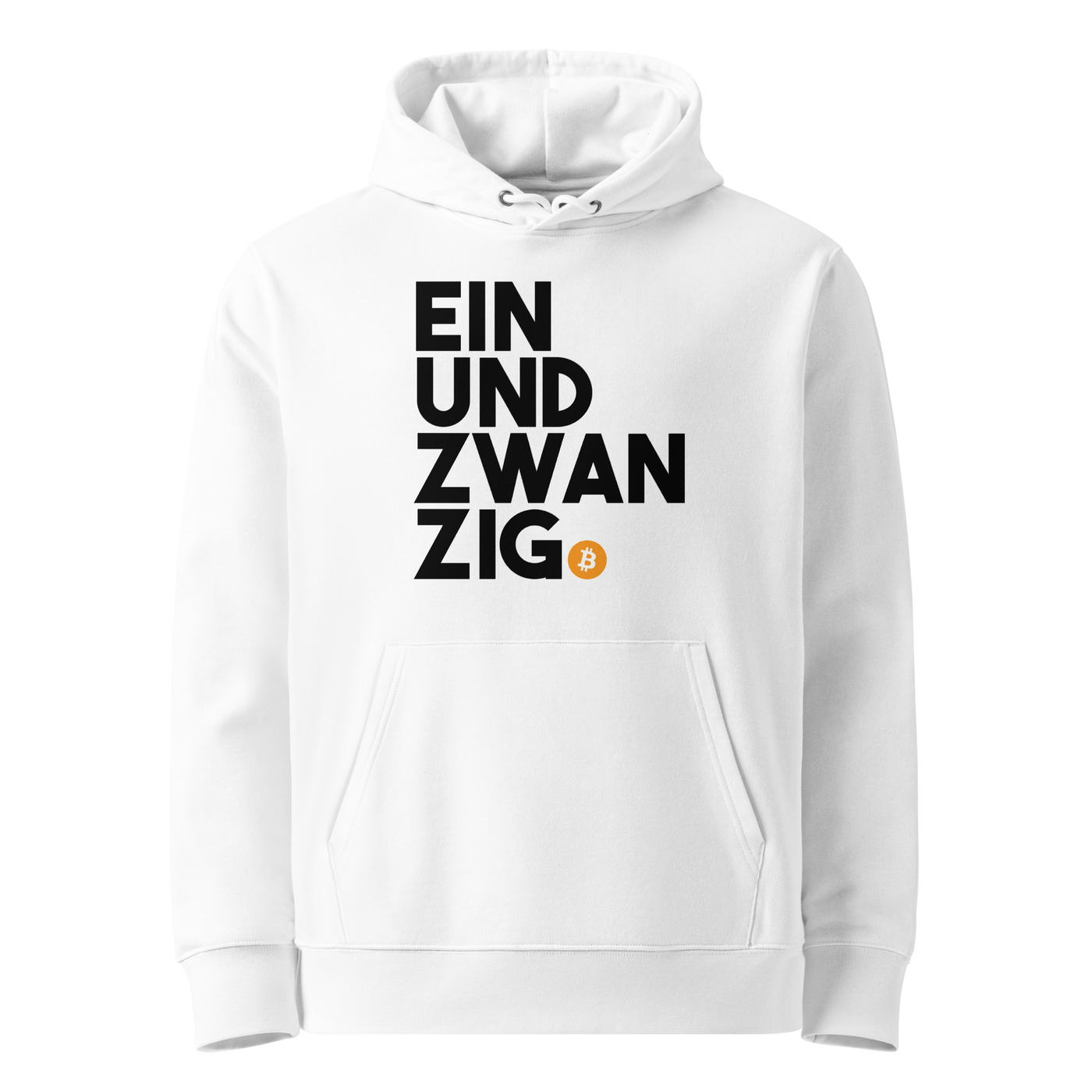 White organic cotton Bitcoin hoodie with the Einundzwanzig design, front view