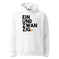 White organic cotton Bitcoin hoodie with the Einundzwanzig design, front view