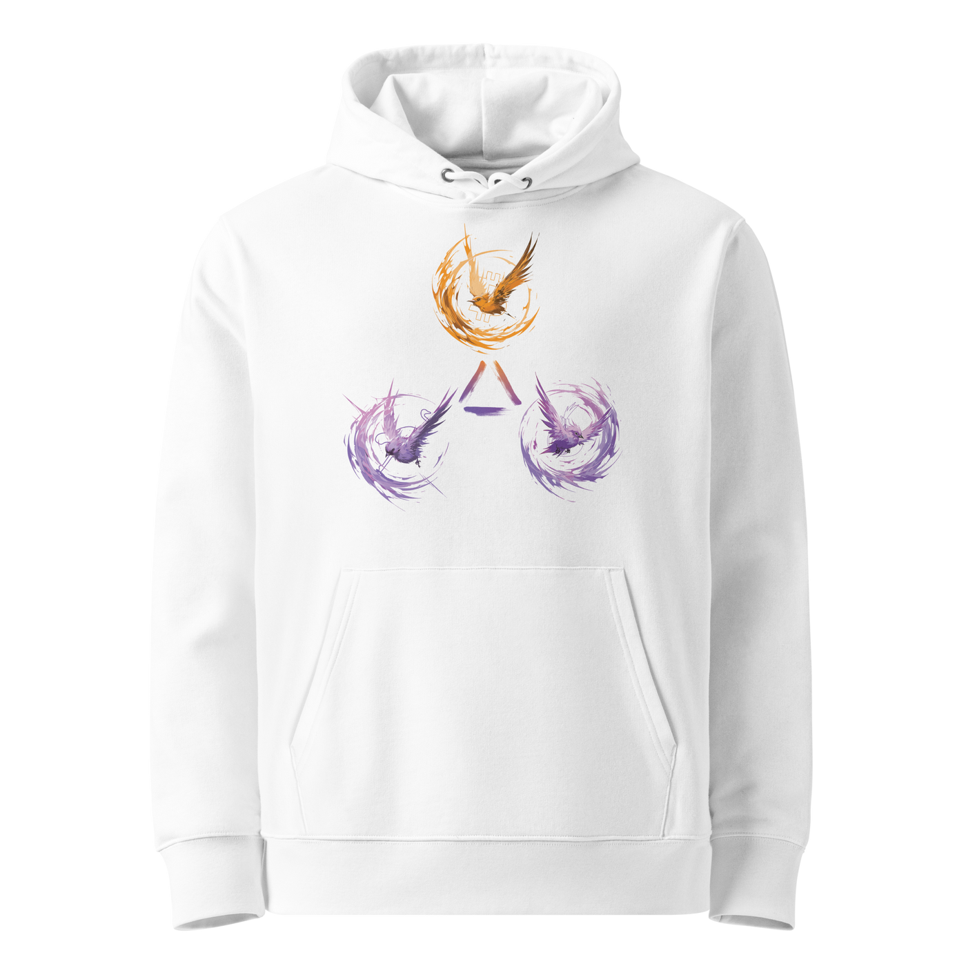 White organic cotton Bitcoin hoodie with the Trinity of Freedom design, front view