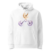 White organic cotton Bitcoin hoodie with the Trinity of Freedom design, front view