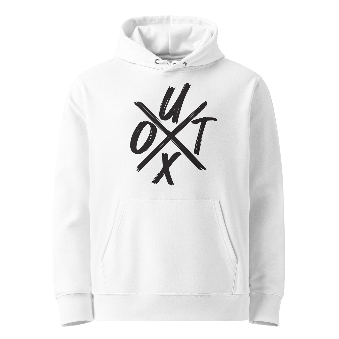 White organic cotton Bitcoin hoodie with the UTXO design, front view
