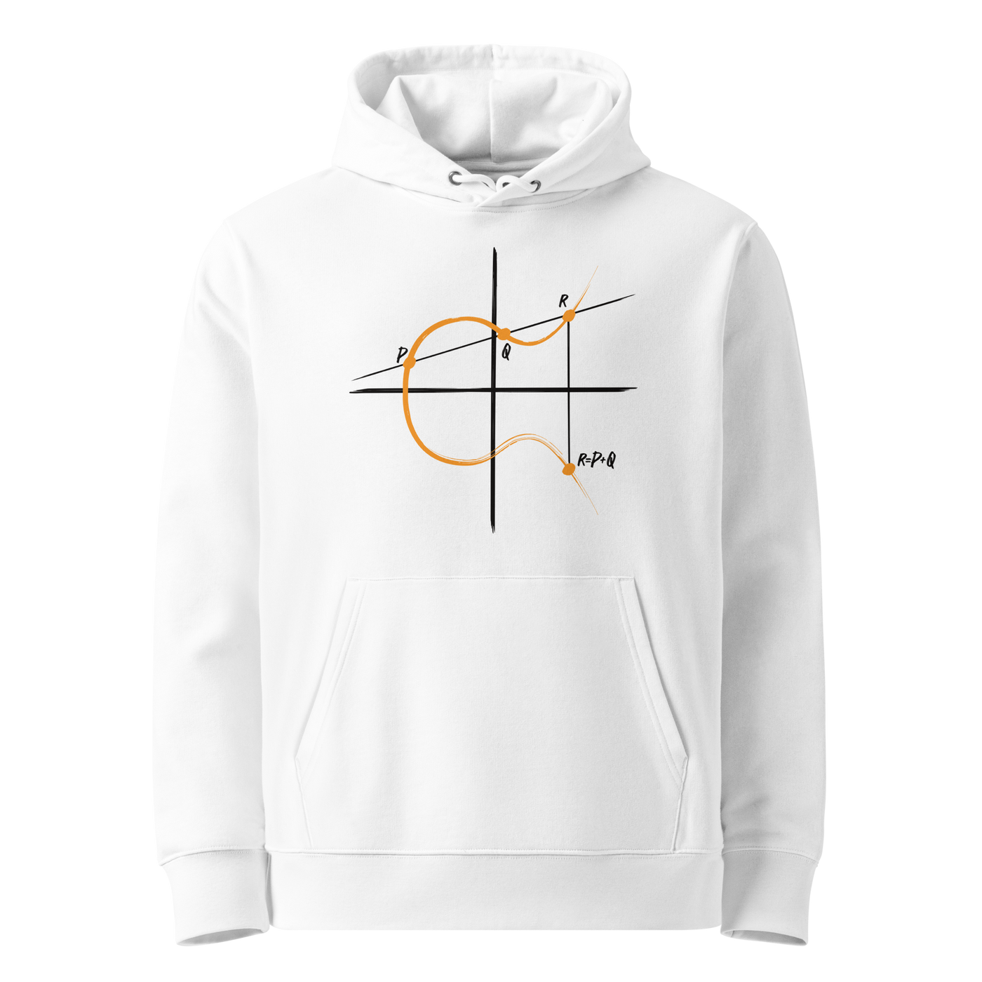 White organic cotton Bitcoin hoodie with the Elliptic Curve Cryptography design, front view