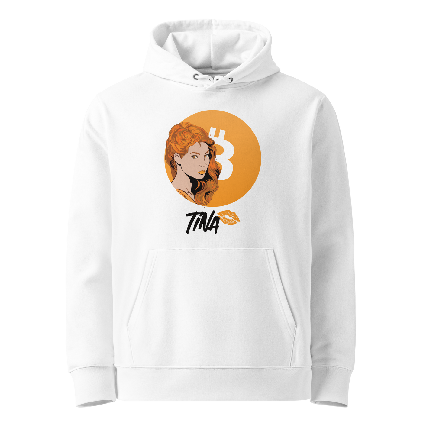 White organic cotton Bitcoin hoodie with the TINA design, front view