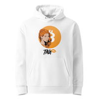 White organic cotton Bitcoin hoodie with the TINA design, front view