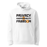 White organic cotton Bitcoin hoodie with the Privacy + Responsibility = Freedom design, front view