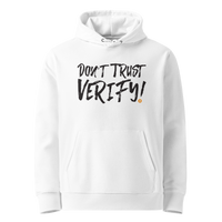 White organic cotton Bitcoin hoodie with the Don't Trust Verify design, front view