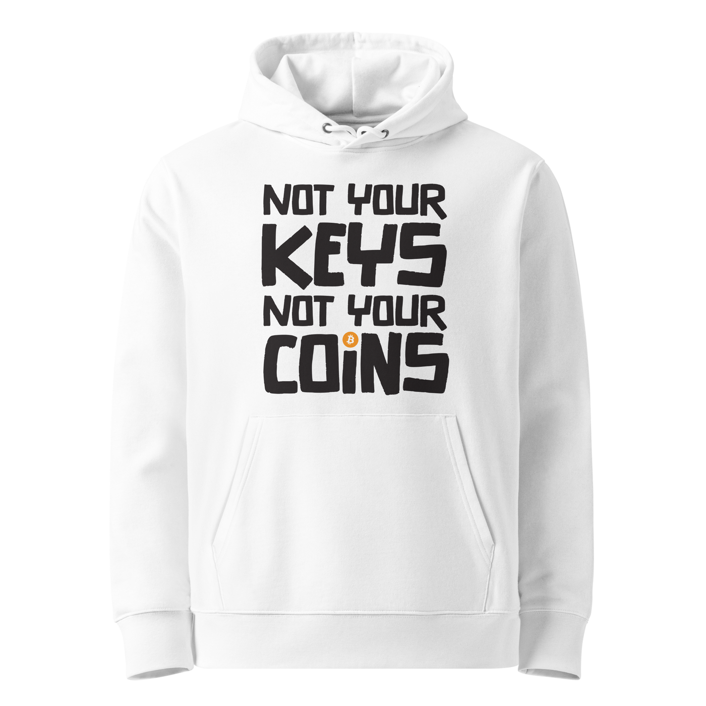 White organic cotton Bitcoin hoodie with the Not your Keys Not your Coins design, front view