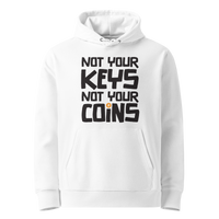 White organic cotton Bitcoin hoodie with the Not your Keys Not your Coins design, front view