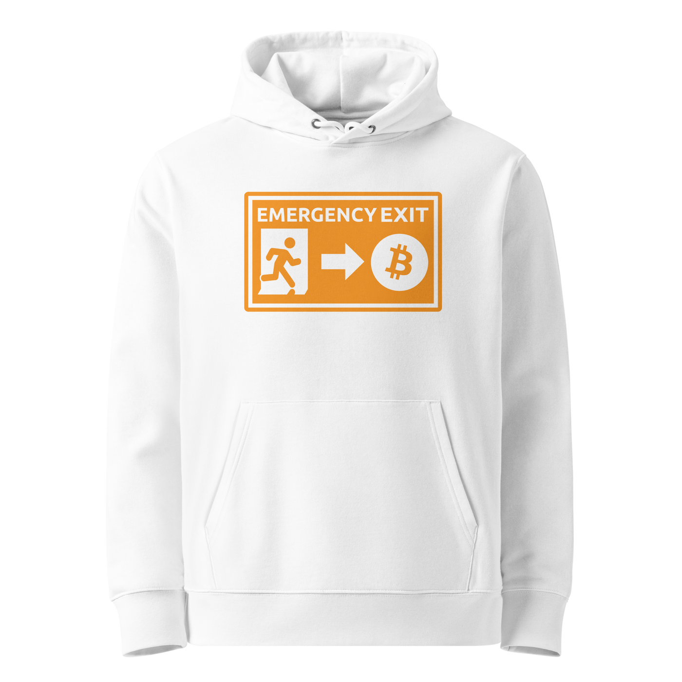White organic cotton Bitcoin hoodie with the Emergency Exit design, front view