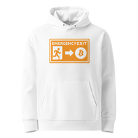 White organic cotton Bitcoin hoodie with the Emergency Exit design, front view