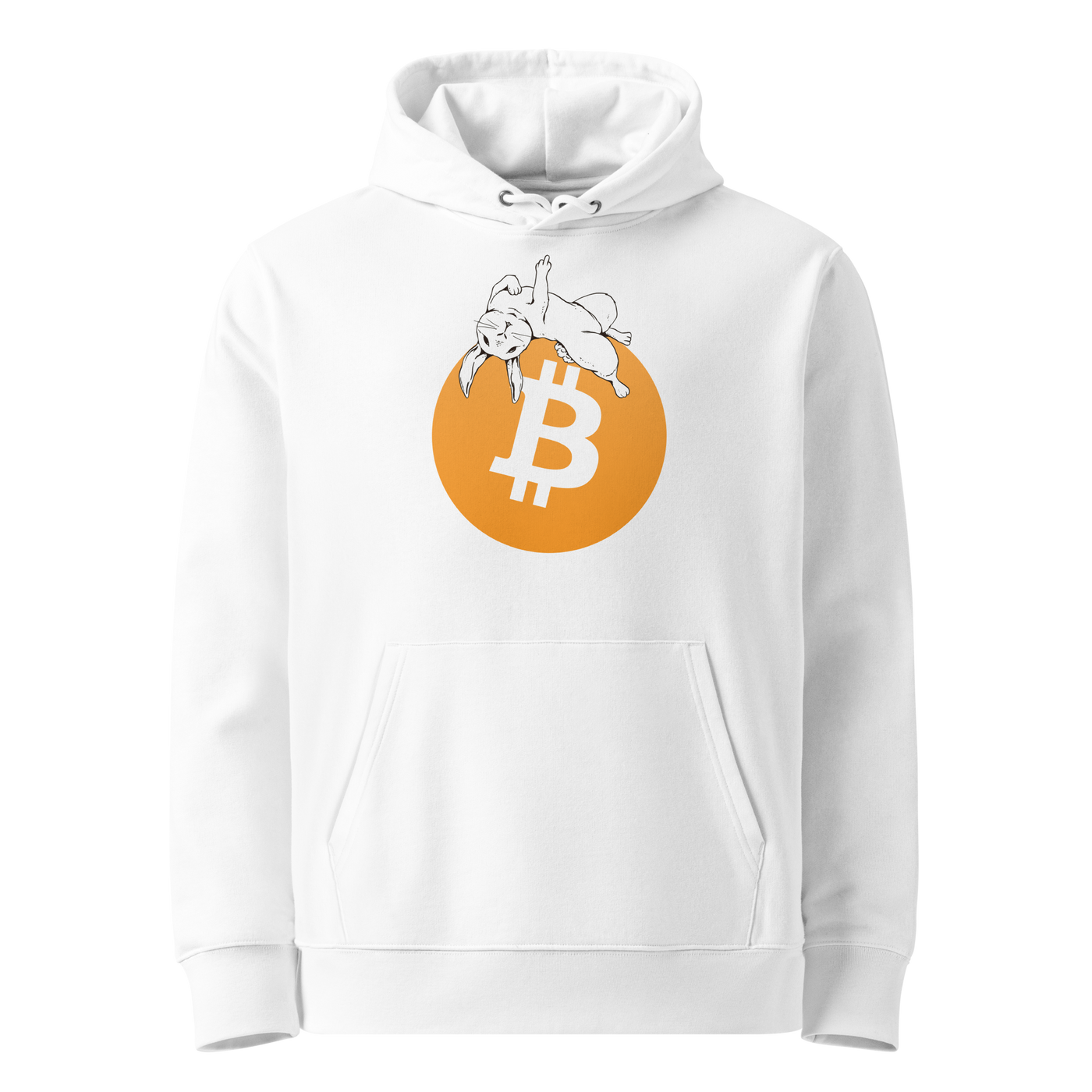 White organic cotton Bitcoin hoodie with the F*** Fiat Money design, front view