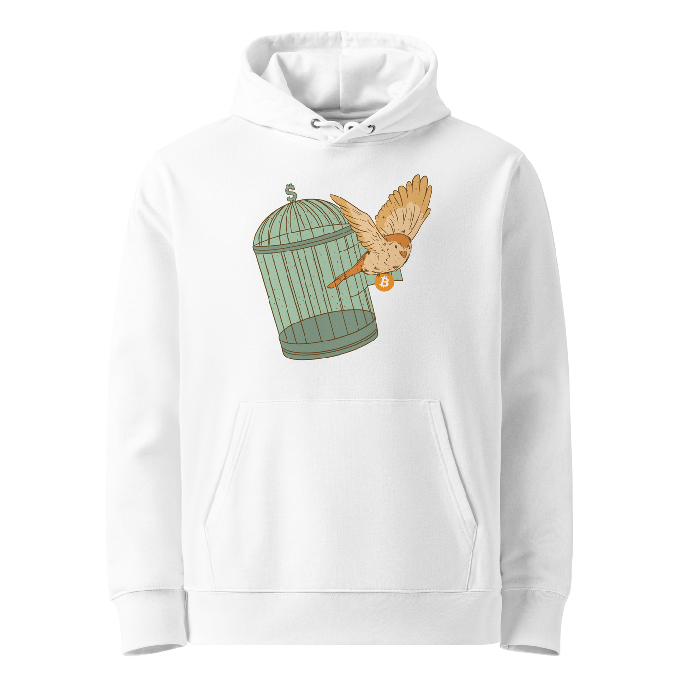 White organic cotton Bitcoin hoodie with the Escape From Fiat Madness design, front view
