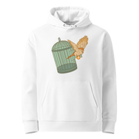 White organic cotton Bitcoin hoodie with the Escape From Fiat Madness design, front view